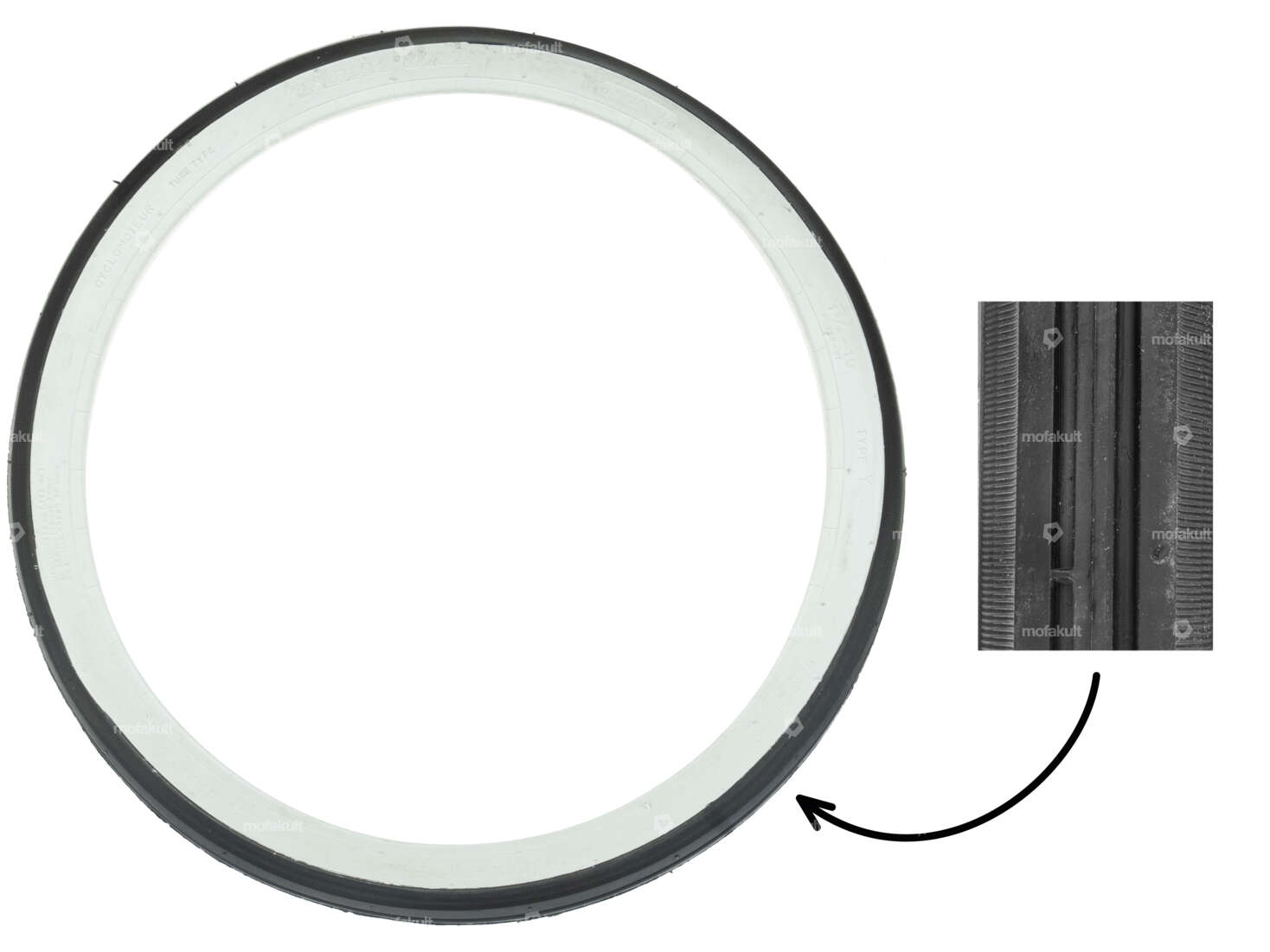 Fortune 1.75 x 19" tire F-750 2 P.R. friction roller whitewall | Solex Carousel Image 1